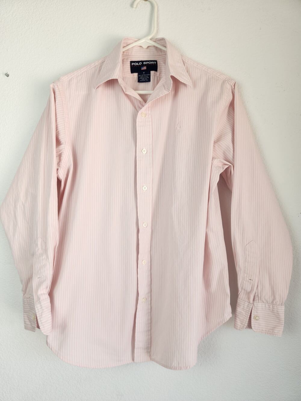 Vintage Polo Sport Ralph Lauren Button Down Pink Striped Shirt Size 8 Horse Logo